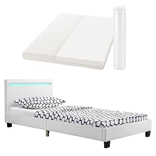Juskys Polsterbett Verona 90x200 cm weiß mit Matratze — Einzelbett + LED-Beleuchtung, Lattenrost & Kopfteil — Bett aus Holzgestell & Kunstleder-Bezug