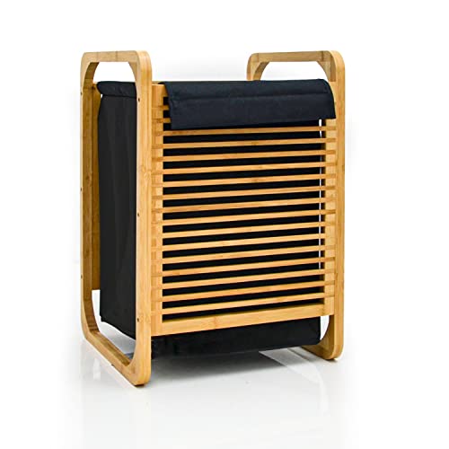 DuneDesign 50 Liter Wäschekorb Bambus mit Deckel-40x36x57 Bambus Wäschesammler mit Wäschesack-Wäschekorb Holz Behälter für Schmutzwäsche Wäschebox Wäschetruhe Holz Dreckwäsche Sammler, Natur, 17097