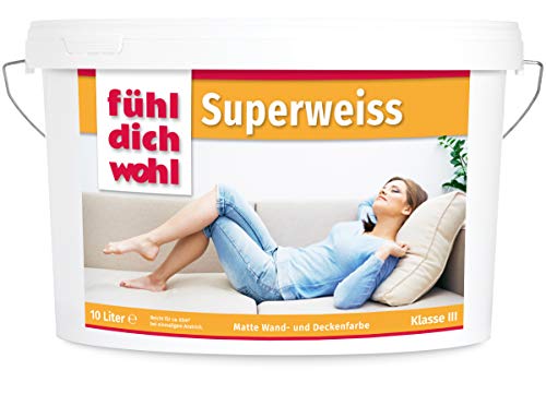 Fühl Dich Wohl Superweiss weiße Innenwandfarbe 10l, matt weiß Wand Farbe hohe Deckkraft für Innen Ausbesserungsfarbe tropfarm dispersionsfarbe deckend 10 Liter