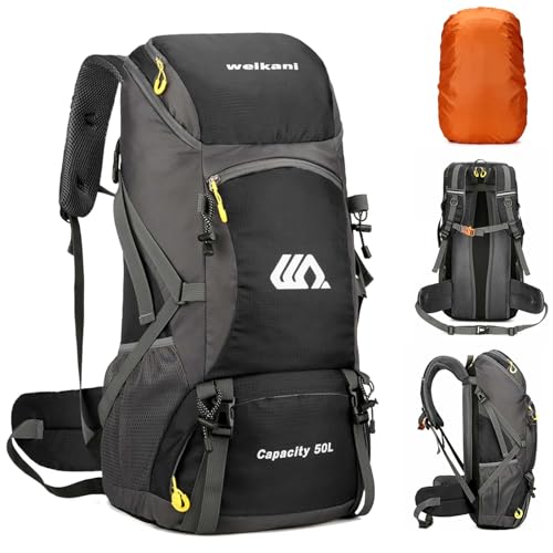 DEARBAG Wanderrucksack Herren 50L Reiserucksack Damen Trekkingrucksack Großer Wasserdichter Rucksack Schwarz Wandern Rucksäcke mit Regenhülle für Radsport Wandern Camping Bergsteigen Sport Outdoor