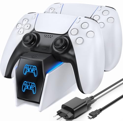 PS5 Controller Ladestation, PS5 Ladestation 2 Std Schnelllade mit EU-Netzteil für Playstation 5 Ladestation, PS5 Ladestation Controller Zubehörsets für Playstation 5 Wireless Controller, Weiß