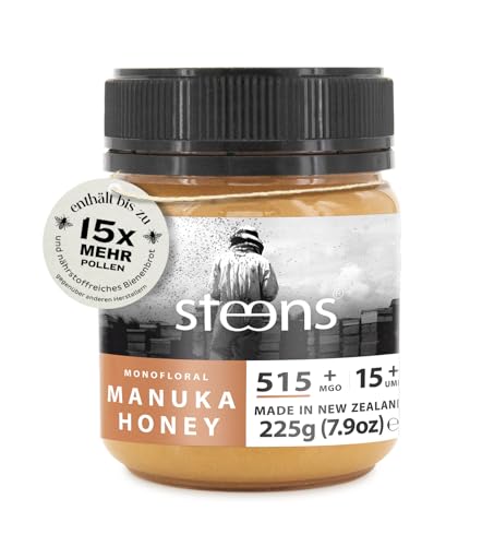 Steens Manuka Honey MGO 515+ - rein roher 100% zertifizierter UMF 15+ Manuka Honig - abgefüllt und versiegelt in Neuseeland - höchste Qualitätsstufe - 225 g
