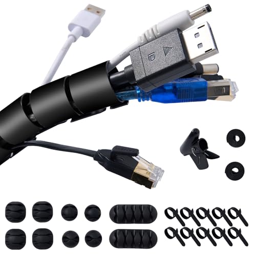 Garrulo Kabelschlauch Schwarz Selbstschließend 3M-28 mm, Flexibel Kabelkanal mit 10* Silikon Kabelhalter+10* Kabelbinder+2 * 1M Selbstklebende Klettband+1* Drahtführungsclip, Kabelspirale für TV/PC