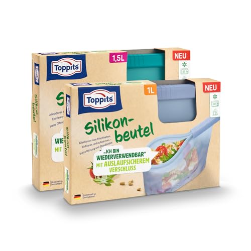 Toppits 2er Set wiederverwendbare Silikonbeutel 1l + 1,5l mit Standboden, mikrowellengeeignet, spülmaschinenfest