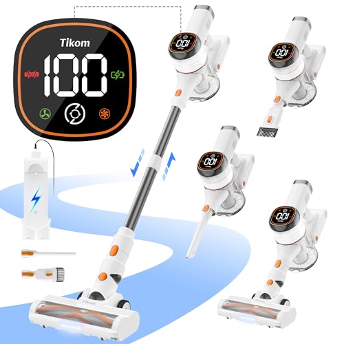 Tikom V500 Akku Staubsauger 450W/40KPa, 6 in 1 Staubsauger Kabellos mit 1.3L Staubbehälter, Akkusauger mit Wechselakku für Teppich, Tierhaare, Hartboden, Weiß