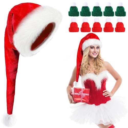 Weihnachtsmütze Lang, Nikolausmütze Lang Rot, Lange Weihnachtsmütze mit 10 Mini Weihnachtsmützen, Plüsch Weihnachtsmann Mütze mit Dicker Fellrand für Weihnachtsfeier, Partys, Cosplay und Festen