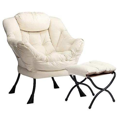 HollyHOME Sessel mit Hocker Sessel Wohnzimmer Relaxsessel Samt Sessel Schlafzimmer, Ohrensessel mit Hocker Lesesessel Relax Sessel Lounge Sessel Stahlrahmen, Beige