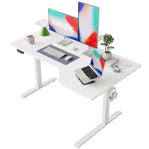 Agilestic Elektrischer Stehschreibtisch, L-förmiger 140 cm höhenverstellbarer Schreibtisch, Sitz- und Stehtisch für Home Office, ergonomischer aufsteigender Computertisch mit Splice Board, Weiß