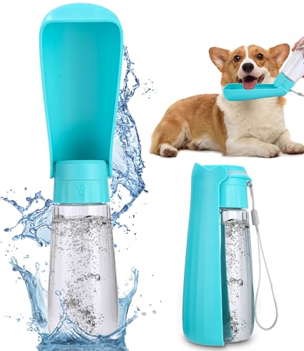 550ml Tragbare Haustier Trinkflasche, 150°klappbare Ausführung, Hundetrinkflasche für Unterwegs,Drehbare Wassersperrfunktion (Lake Blue, 550ml)