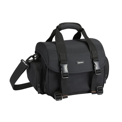 Amazon Basics Schultertasche für SLR-Kamera und Zubehör, Groß, Verstellbarer Gurt, Wasserdicht, Stoßfest, Einfarbig, Gepolstert - Schwarz/Orange