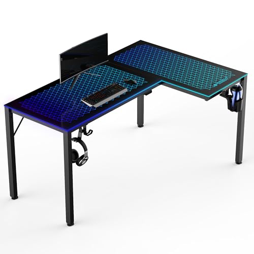 EUREKA ERGONOMIC Glas Gaming Tisch mit LED 152x102 cm RGB Gaming Eckschreibtisch L Form Großer PC Computertisch mit Musik Sync,APP Steuerung,Kopfhörerhaken, Getränkehalter