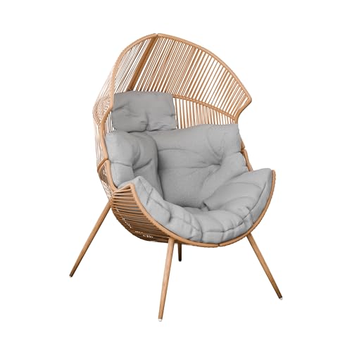 Summery, Rattansessel Outdoor Wetterfest, Gartensessel mit Sitzkissen, Balkonsessel, Korbsessel für Terrasse, Wasserbeständiges Kissen, Grau Gepolstert, Korbform, Max.130kg, ZENJOY Outdoor Furniture