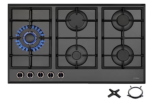 Phönix PG-901LT Einbau Gaskochfeld Glas Kochfeld Gaskocher 5 Kochplatten autark (freistehend- / Einbau- Gaskochfeld) inkl. WOK-Aufsatz + Gasherdkreuz