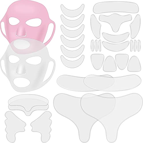 32 Stück Anti Falten Pads Gesicht Brust Hals Silikon Pads Wiederverwendbar Gesicht Stirn Patch Gesicht Schlafmasken Abdeckung für Glätten Brust Hals Stirn Auge Mund (Durchsichtig, Rosa)