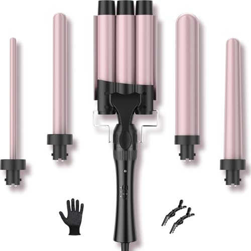 ELEHOT-store Lockenstab 3 Fässer Welleneisen Lockenstab 5 in 1 Keramikbeschichtung 5 Zubehörteile 10–32 mm Lockenstäbe Multifunktional mit Handschuhen 2 Clips（Rotgold)
