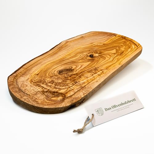 DAS OLIVENHOLZBRETT® Olivenholz Schneidebrett mit Saftrille/Servierbrett aus Olivenholz/Steakbrett/Olivenholzbrett mit Saftrille/Naturschnitt/ca. 30-34cm lang, 15-16cm breit