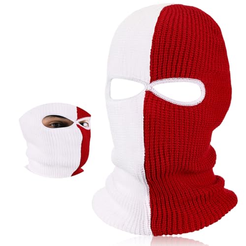 BBTO Gestrickte Skimaske Winter Sturmmaske Ski Sturmhaube mit 2 Löchern Ski Gesichtsabdeckung für Draußen Outdoorsports Radfahren für Radfahren Motorradfahren(Rot und Weiß,Klassischer Stil)