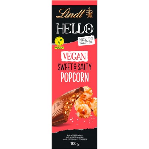 Lindt Schokolade HELLO Vegan Sweet´n Salty Popcorn | 100 g Tafel | Vegan mit Kakao, mildem Mandelmark und gesalzenen und süßen Mais- und Popcorn-Stückchen | Schokoladengeschenk