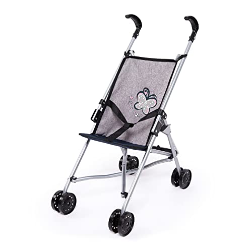 Bayer Design 30527AA Puppenbuggy, zusammenklappbar, Doppelräder, Sicherheitsgurt, aus Metall, Jeans-grau, Rosa