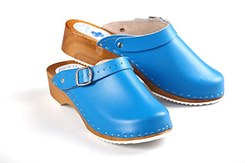 Aves-24 Clogs Pantolette Sandalette Holz + Leder Holzclogs Gr. 36-41 Holzschuhe (38, Blau)