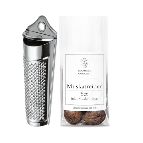 BOOMERS GOURMET - Muskatreibe mit Behälter und Muskatnüssen I Muskatnuss Reibe mit Aufbewahrung Set - Reibe mit Muskatnüssen Grenada's Best - 1 Stück