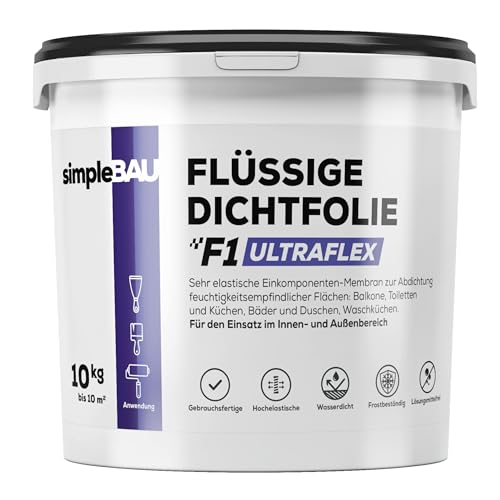 simpleBAU - Flüssigfolie Dichtfolie F1 Ultraflex 10 KG, Gebrauchsfertig Dichtmasse Wasserdicht, Dichte Einkomponentige Dichtungsmasse für Außen und Innen, Badabdichtung Frostsichere Dichtungsbahn