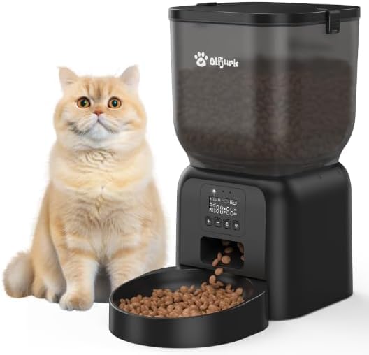 Futterautomat Katze, Olfjurk 4L Katzenfutter Automat Cat Feeder- Automatischer Futterspender,1-6 Mahlzeiten für Katzen und kleine mittelgroße Hunde | Duale Stromversorgung,Abnehmbar Waschbar,Schwarz