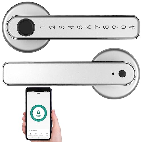 VisorTech Smarte Türklinke: Smarter Sicherheits-Türbeschlag mit Finger-Scanner, PIN & App, silber (Smarter Türgriff, Fingerprint Türbeschlag, Elektronisches Türschloss)