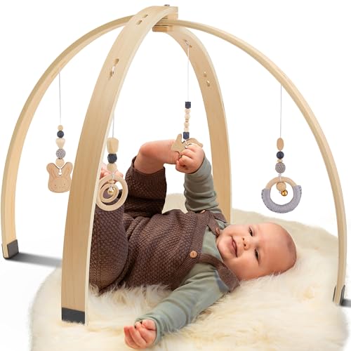 AMAZINGs Spielbogen Baby aus Holz | Nachhaltiger Spielebogen mit Tasche und Baby Spielzeug, Montessori Konzept | Spieltrapez, Activity Center