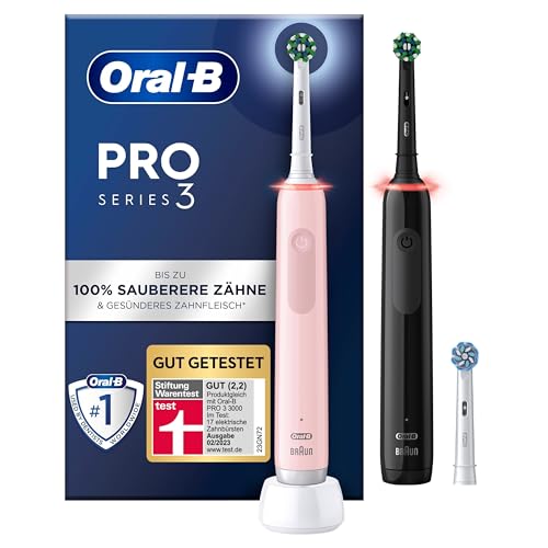 Oral-B Pro 3 3900 Elektrische Zahnbürste/Electric Toothbrush, Doppelpack & 3 Aufsteckbürsten, 3 Putzmodi, 360° Andruckkontrolle für Zahnpflege, Designed by Braun, Geschenk Mann/Frau, Black/Pink