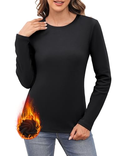 Aottori Damen OberteileThermo Langarm Winter Langarmshirt Rundhals Thermohemd Stretch Warme Unterhemd Eng Elegant Basic Tops Schwarz S