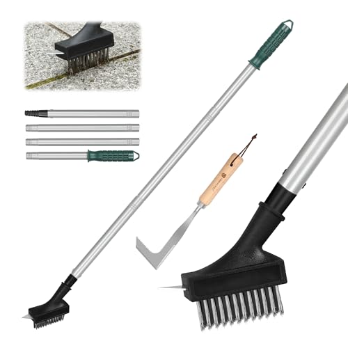 ORIENTOOLS Unkrautbürste mit langem Griff, 134 cm, Crack Weeder mit 2 Unkrautbürstenköpfen, manuelles Robustes Unkrautentferner-Werkzeug, verstellbare Länge nach Oben für die Reinigung der Terrasse