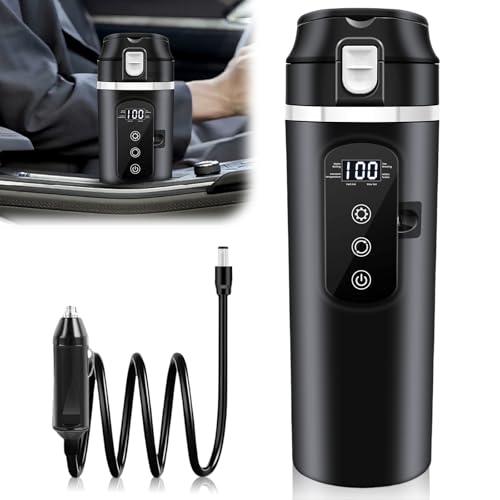 Auto-Heizbecher 500ml, 12V/24V Auto Wasserkocher mit LCD-Anzeige, 45-100W Tragbare Heizung Reise Wasserkessel mit temperatureinstellung, Anti-Trockenbrand-Schutz Schnell kochende Flasche