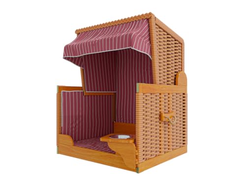Outgarden Hundestrandkorb Kieferholz | Hundehütte inkl. Schützhülle | Schwenkbarer Wasser-/Futternapf | Sonnenschutz für Hunde & Katzen |Braun mit Rot-weißen| Perfekt für kleine Hunde