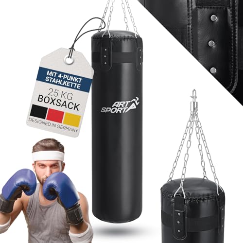 ArtSport Boxsack Set 25 kg gefüllt, Box Set mit 4-Punkt-Stahlkette für Erwachsene, Boxsack hängend 110 cm für Boxen & Kickboxen