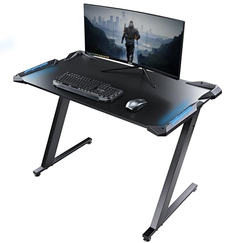 EUREKA ERGONOMIC Gaming Tisch 114 × 64 cm Gaming Schreibtisch mit LED, PC Tisch Gaming mit Kohlefaseroberfläche,Kopfhörer Haken, Getränkehalter für Büro Arbeitszimmer Sekretär