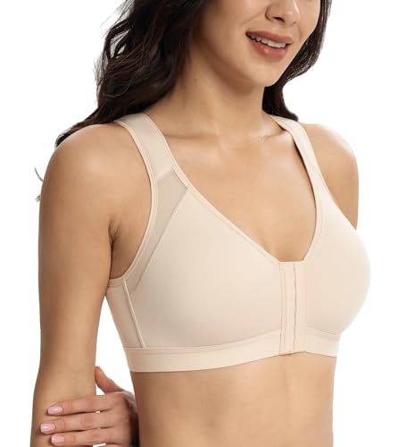 Lemorosy Damen Vorne Vershcluss Große Größen Vollschalen Rückenstütze BH(Beige,95D)