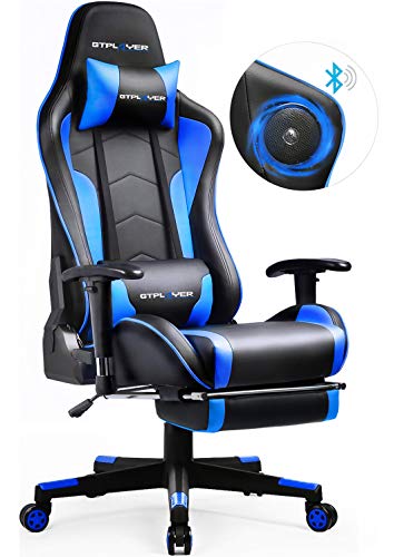 GTPLAYER Gaming Stuhl mit Fußstützen Bluetooth Lautsprecher Musik Stuhl Ergonomischer Computerstuhl Schreibtischstuhl Blau