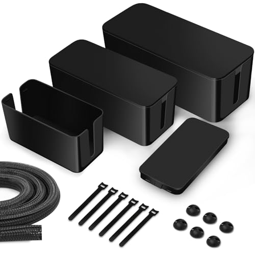 Lannvan Kabelbox,3er Set Kabelbox Schwarz (Groß&Medium&Klein) aus ABS-Kunststoff,Kabelmanagement Box Kabel Box Organizer-Kabel Box Set inkl.Kabelhalter,Kabelbinder & Kabelschlauch zum Kabel Verstecken