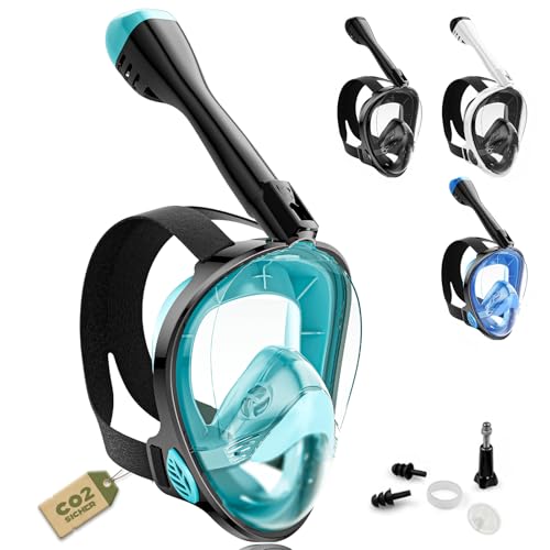 Schnorchelmaske Erwachsene Vollgesichtsmaske – CO₂ sicher Wasserdicht & Beschlagfrei Tauchmaske mit Kamera Halterung – Tauchermaske mit Tragetasche & Ohrstöpsel(grün, S-M)