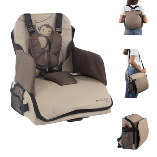 Mobiclinic® Kids, Tragbarer Hochstuhl, Monkey, Reisehochstuhl, 6 bis 36 Monate, Bis 15kg, Faltbar, Verstellbarer 5-Punkt-Gurt, mit Aufbewahrung, Hochstuhl Baby, Babysitz, Farbe Beige