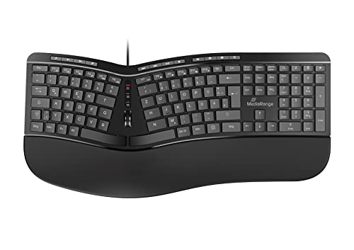 MediaRange Ergonomische Tastatur, kabelgebundene Multimedia-Tastatur mit 124 Tasten und Scroll-Rad, deutsches QWERTZ Layout, spritzwassergeschützt & höhenverstellbar, Farbe schwarz