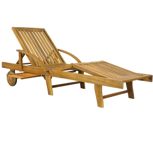 Casaria® Sonnenliege Holz Klappbar 320kg Belastbarkeit Tisch Fuß- und Rückenteil variierbar Räder Ablage Garten Balkon Terrasse Gartenliege Akazie