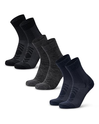 DANISH ENDURANCE Leichte Merino Wolle Wandersocken, Sommer Wollsocken, Unisex, für Herren & Damen, 3 Paar, 1 Schwarz, 1 Dunkelgrau, 1 Marineblau, 35-38