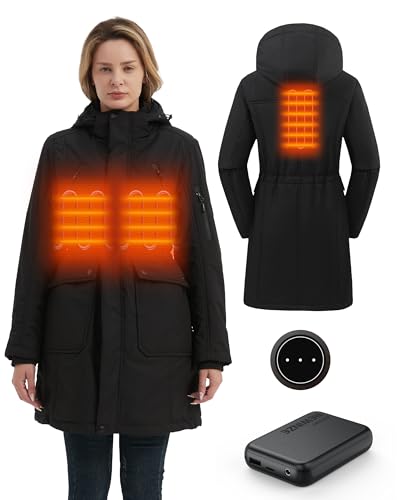HEWINZE Damen beheizte Softshell-Langjacke, warmer Wintermantel mit elektrischer Heizung, abnehmbarer Kapuze und 7,4-V-Akku.US L
