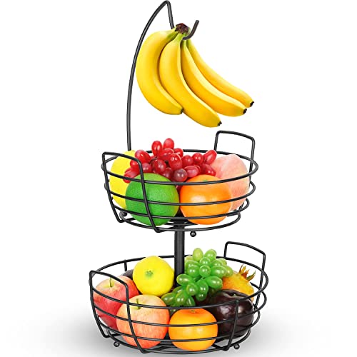 Obstkorb 2 Stöckig mit Bananenhaken - Metall Obststaender für die Arbeitsfläche - Küche Deko Obstschalen für Obst und Gemüse - Schwarz