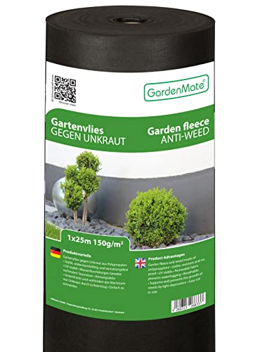 GardenMate 25m² Unkrautvlies Gartenvlies Rolle 1mx25m - 150g/m² Premium Unkrautfolie wasserdurchlässig - Extrem Reißfestes Flies Gartenflies Gartenfolie Beetfolie Pflanzfolie - Hohe UV-Stabilisierung
