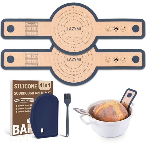 Lazymi Silikon Backmatte für Dutch Oven 2 Stück, Wiederverwendbare Silikon Backmatte Brot mit Langen Griffen für Brottopf, Teigmatte mit Teigschaber&Backpinsel, Brotmatte für Backofen, Dunkelgrau
