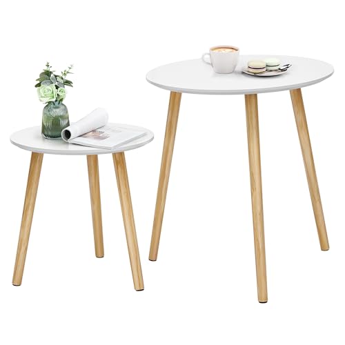 SONGMICS Beistelltisch-Set rund, 2 Moderne Sofatische, minimalistisch, skandinavischer Stil, Couchtische mit Beinen aus Massivholz, Tischkombination fürs Wohnzimmer, Balkon, Kiefernholz LET07WN