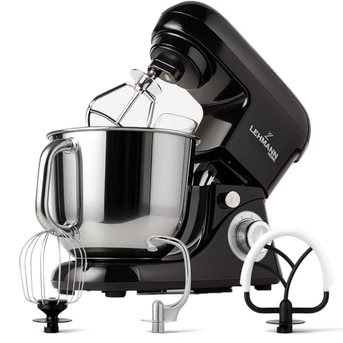 Lehmann Planetarische Küchenmaschine mit Edelstahlschüssel 5 L, Multifunktions Rührgerät 2200 W, 6 Geschwindigkeit Teigmaschine, inkl. Spritzschutzdeckel, Knethaken und Schneebesen (Schwarz)